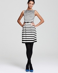 A Nanette Lepore dress goes down to the disco in a striped print with allover rhinestone detailing. A pleated skirt and belted waist add to this piece's party appeal.