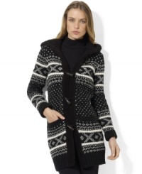 Lauren Ralph Lauren's cozy lambswool-blend sweater is crafted with a plush faux-shearling-lined hood for luxurious style.