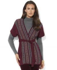 Lauren Ralph Lauren's petite sleeveless cocoon cardigan is knit with a timeless Fair Isle pattern along the placket for a cozy look and feel.