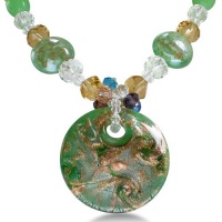 Green Circular Murano Glass Pendant on Beaded Chain