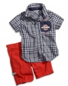 GUESS Kids Boys Baby Boy Plaid Shirt & Pull-On Short, NAVY (24M)