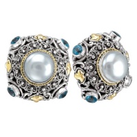 925 Silver, Mabe Pearl & Blue Topaz Earrings with 18k Gold Accents