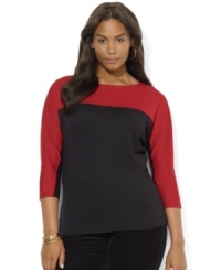 A modern color-blocked design enlivens Lauren Ralph Lauren's plus size dolman-sleeved top, knit in soft cotton for comfortable yet chic style.