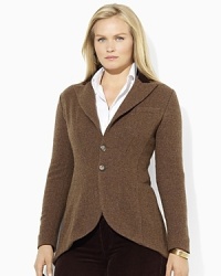 Rendered in hearty wool tweed, a chic two-button jacket is steeped in equestrian inspiration.