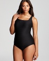 This Gottex one piece shows it's hip to be square with its flattering neckline and full figure silhouette.