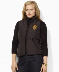 Lauren Ralph Lauren's lightweight plus size vest in diamond-quilted microfiber is an essential layering piece for the season, finished with an embroidered crest for heritage charm.