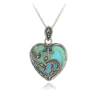 Sterling Silver Marcasite & Turquoise Heart Necklace, 18