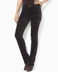 A unique cotton velvet pant features a slim, straight leg and a hint of stretch for a versatile, modern look.