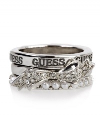 GUESS Bow Pearl Three Ring Set - Size 6, SILVER (6)