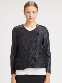 Double-breasted jacket of butter-soft leather, finished with an asymmetrical zipper and feminine ruffle hem. Double-breasted button frontAsymmetrical zipperEpauletsLong sleeves with zippered cuffsZippered slash pocketsTiered ruffle hemAbout 20 from shoulder to hemSilk liningLeatherDry clean with leather specialistImportedModel shown is 5'10 (177cm) wearing US size 2.