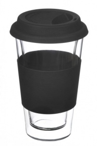 GROSCHE Glassen hand made double walled glass insulated travel coffee mug, BLACK, 350 ml (12 fl oz)