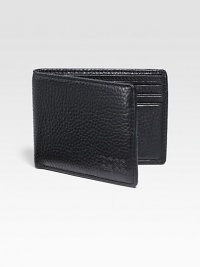 A classic look in lightly pebbled leather with a transparent ID window. Debossed logo detailBill compartmentFour card slotsID window4¼ X 3Imported