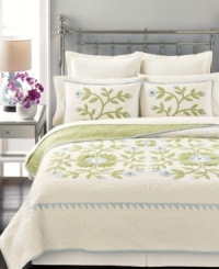 Rich with heirloom details, Martha Stewart Collection's Folklore quilt tells a stylish tale with exquisite allover embroidery in a soft, soothing palette. Reverses to solid green quilting.