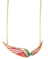 A whimsical wing necklace with vibrant pops of color. This high flying mixed metal design from RACHEL Rachel Roy features gold-plating, large wing charm and glass stone accents. Approximate length: 11 inches + 2 inch extender. Approximate drop: 7/8 inch.