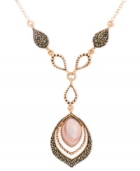 Elegance takes shape. Genevieve & Grace puts forth a pink shell teardrop and glittering marcasite accents on this stunning y-shaped pendant. Crafted in 18k rose gold over sterling silver. Approximate length: 16 inches. Approximate drop: 2 inches.