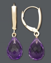 A poignant look. Polished purple amethyst drops (1-1/8 ct. t.w.) add a regal touch to a 14k gold leverback setting. Approximate drop: 1-1/8 inches.