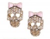 Betsey Johnson Style Pink Bow Crystal Encrusted Skull Stud Earrings