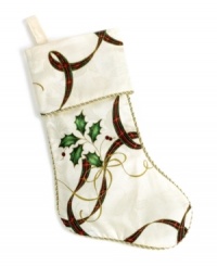 Beautiful from heel to toe, the Holiday Nouveau Christmas stocking is a gift in itself. A classic holly and ribbon motif is trimmed in glittery gold and full of holiday grace.