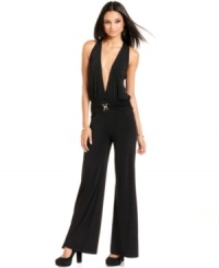 Take the plunge. Baby Phat's sultry, wide-leg jumpsuit features a deep v-neckline for bold, night-out style.