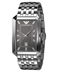 Emporio Armani displays an impressive use of texture with this stylish watch. Stainless steel bracelet and rectangular case. Gunmetal textured dial with silvertone stick indices, logo and date window. Quartz movement. Water resistant to 50 meters. Two-year limited warranty.