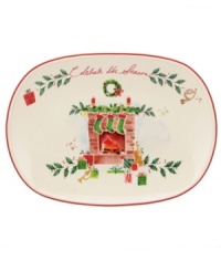 A holly motif drawn from the classic Holiday dinnerware pattern combined with colorful new depictions of the Christmas season makes this Holiday Illustrations tray a festive addition to any table. Adorned with celebrate the season.