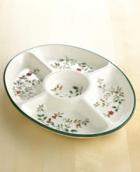 This sectioned server is a smart, spirited addition to the timeless Winterberry collection, and a must-have for any holiday spread. Raised, hand-painted holly leaves and bright red berries dance inside five individual compartments. Hand-painted green rim. From Pfaltzgraff's collection of dinnerware and dishes.