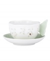 A taste of country living from Lenox. In elegant white porcelain with a scalloped edge and sweet springtime motif, the Butterfly Meadow figural cup and saucer infuse tea time with unparalleled charm.