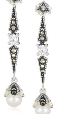 Judith Jack Holiday Glamour Sterling Silver, Marcasite and Freshwater Pearl Drop Earrings