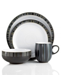 Shades of white, charcoal and black streak across the Jet Stripes place setting with sleek, contemporary style. Perfect for everyday meals, Denby's stoneware design is built to last and crafted to withstand dishwasher, microwave and oven use for unparalleled convenience.