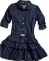 GUESS Kids Girls Big Girl Rolled Sleeves Denim Dress, DARK STONE WASH (14)