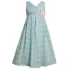 Size-14 BNJ-9685R AQUA-BLUE PLEATED V-NECKLINE FLORAL EMBROIDERED EYELET Special Occasion Wedding Flower Girl Party Dress,R49685 Bonnie Jean 7-16