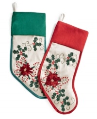 Red sequins and a ribbon floral motif stitched in Jabara's silky Christmas stocking set the scene with crafted elegance.