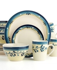 Bring the beauty of dusky skies and soothing meadows to your table with Gibson's Blue Twilight dinnerware set. Pieces feature a rustic leaf pattern and deep blue, cream and green hues.