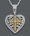 Divine inspiration. This subtly sparkling diamond pendant (1/4 ct. t.w.) by Mi Joya Divina features a symbolic heart shape and cross center. Crafted in 14k gold and sterling silver. Approximate length: 18 inches. Approximate drop length: 7/10 inch. Approximate drop width: 7/10 inch.