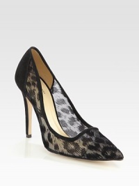 A daring leopard print amplifies this semi-sheer mesh and suede point toe pump. Suede-covered heel, 4¼ (110mm)Leopard-print mesh and suede upperPoint toeLeather lining and solePadded insoleMade in Italy