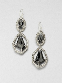 From the Miss Havisham Delano Collection. Faceted hematite stones framed with sparkling Swarovski crystals in a double drop design. HematiteWhite quartz doubletsRhodium-platingSwarovski crystalsDrop, about 2.5Hook backMade in USA