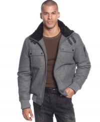 High-flying style: Aviator jacket from Sean John, with buckle tab collar, zip front, and snap pockets.