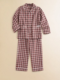 Ultra-soft, ultra-cozy pajamas in a button-front silhouette with patch pockets, contrast piping and a bold check print.Notched collarLong sleevesButton-frontFront patch pocketsElastic hemCottonMachine washImported Please note: Number of buttons may vary depending on size ordered. 