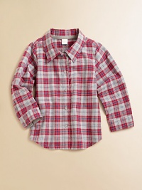 He'll look ultra-handsome in this classic plaid button-down shirt that's clearly too cool for school.Point collarLong sleeves with button cuffsButton-frontShirttail hemCottonMachine washImported Please note: Number of buttons may vary depending on size ordered. 