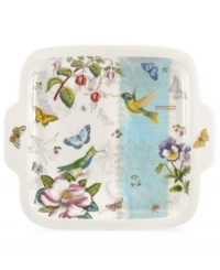 A fresh take on Portmeirion's beloved Botanic Garden pattern, the square Botanic Hummingbird dessert dish features colorful wildlife and muted blooms in modern white porcelain with integrated handles.