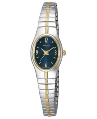 A deep blue oval face adds rich intrigue to this otherwise classically elegant women's watch from Pulsar. Stainless steel silvertone bracelet and oval case with goldtone accents. Oval blue dial with logo and numerical indices. Quartz movement. Water resistant to 30 meters. Three-year limited warranty.