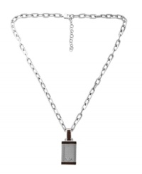 A fresh, new look for the modern man. Get chic, metrosexual style with Emporio Armani's stainless steel and brown leather necklace. Highlights a mesh dog tag pendant with the traditional eagle logo. Approximate length: 20 inches + 2-inch extender. Approximate drop: 1-1/2 inches.