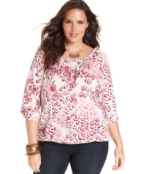 Add cheer to your casual wear with Lucky Brand Jeans' three-quarter-sleeve plus size top, featuring a vibrant print. (Clearance)