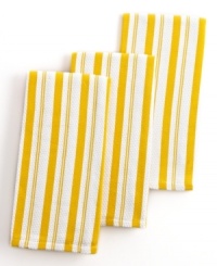 Line up. Increase the charm in your kitchen with these versatile, statement-making striped towels. Made from a super absorbent textured basketweave cotton in a bubbly yellow hue, these towels are a fun addition to a busy space.