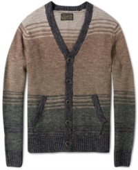 Snuggle up in stylish stripes this winter with this handsome wool blend cardigan by Lucky Brand Jeans.