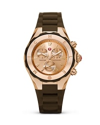 Mix it sporty-luxe with this watch from Michele. Rose gold dazzles from the face and a shapely bezel brings the counterpoint. Day-right, evening ready.