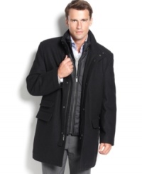 For the man who loves comfort, convenience and class, this sophisticated Michael by Michael Kors overcoat with a removable bib delivers.