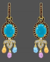 A look of exquisite elegance. Carlo Viani's enchanting earring style highlights an oval-cut turquoise center (5-3/4 mm) that shines with the addition of blue topaz (5/8 ct. t.w.), citrine (5/8 ct. t.w.), and amethyst drops (5/8 ct. t.w.). A scrolling 14k gold setting is accented by round-cut smokey quartz (9/10 ct. t.w.) and white sapphire (1/4 ct. t.w.). Approximate drop: 2 inches.