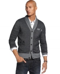 With a handsome shawl collar and stylish contrast color details, this Marc Ecko Cut & Sew sweater gives grandpa's cardigan a modern makeover.