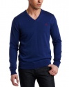 Fred Perry Men's V-Neck Sweater, Royal Marl/Blood/Porcelain, Large